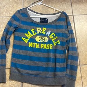 Blue and Grey American Eagle off the shoulder pullover sweatshirt